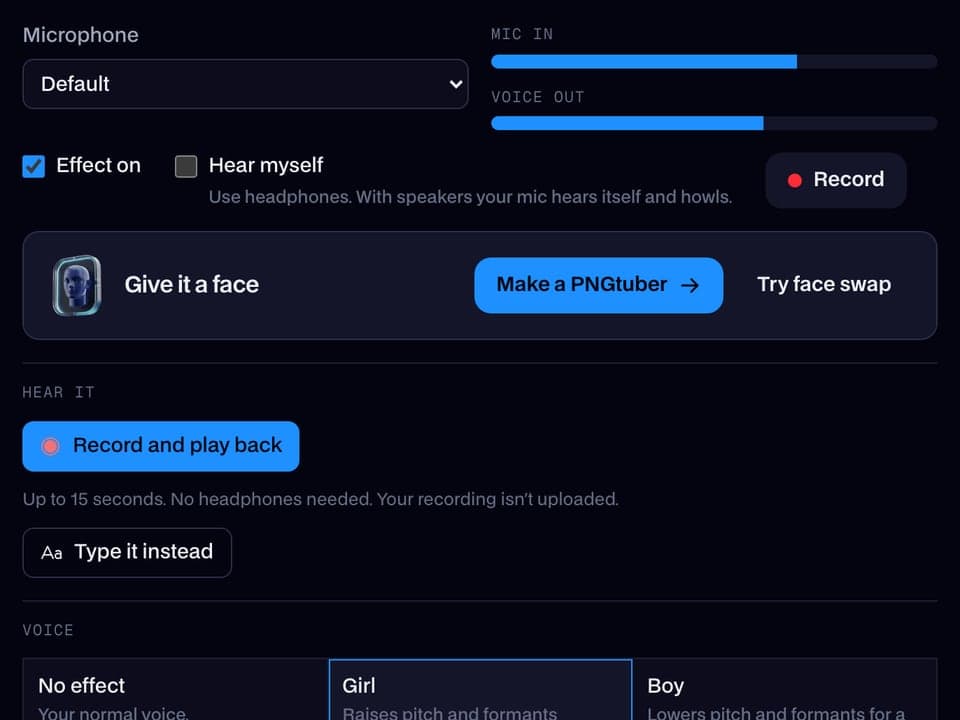 The Real-Time Voice Changer with the Girl voice selected