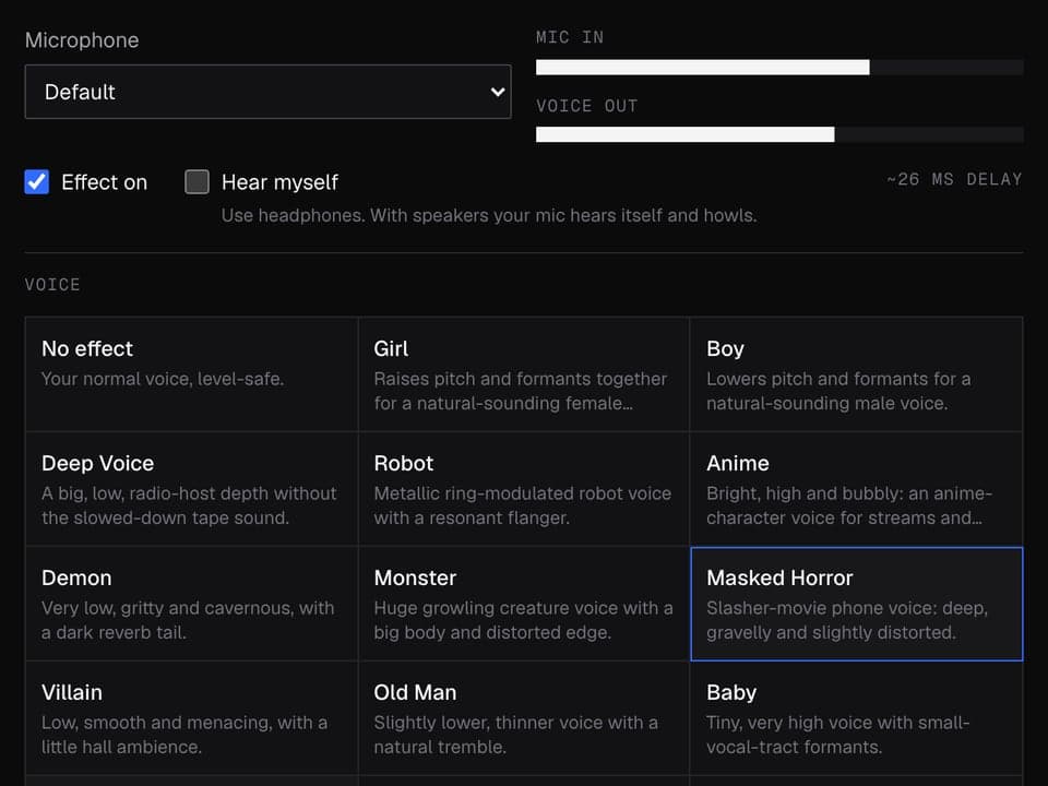 The Real-Time Voice Changer with the Masked Horror voice selected