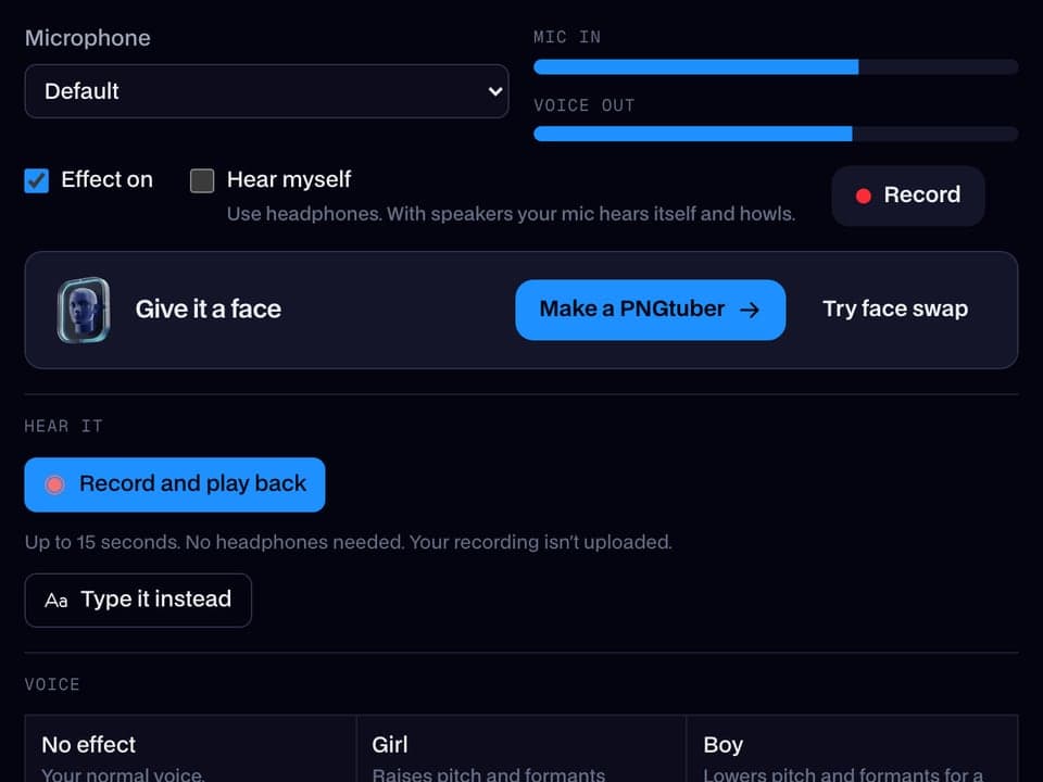 The Real-Time Voice Changer with the Robot voice selected