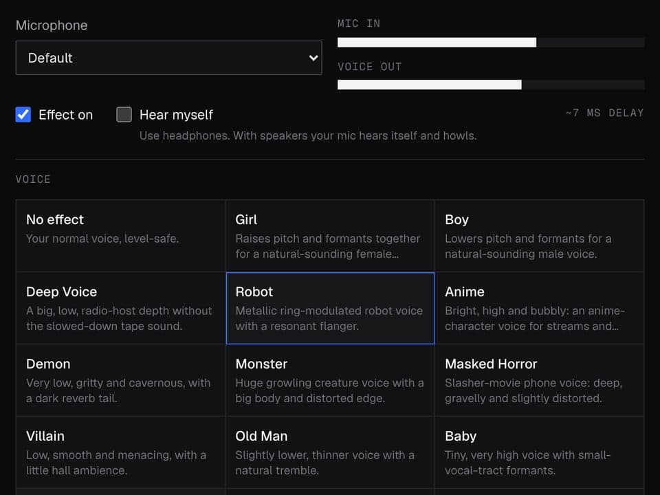 The Real-Time Voice Changer with the Robot voice selected