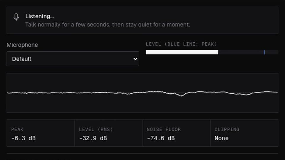 Mic Test with a moving sound wave, volume and background noise numbers and a pass result