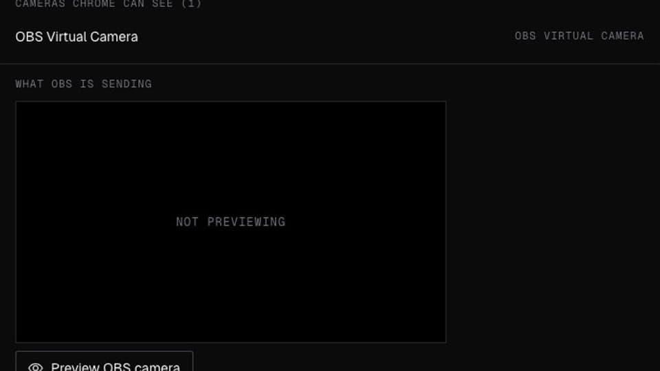 OBS Virtual Camera checker listing the cameras Chrome can see, with a result and fix steps