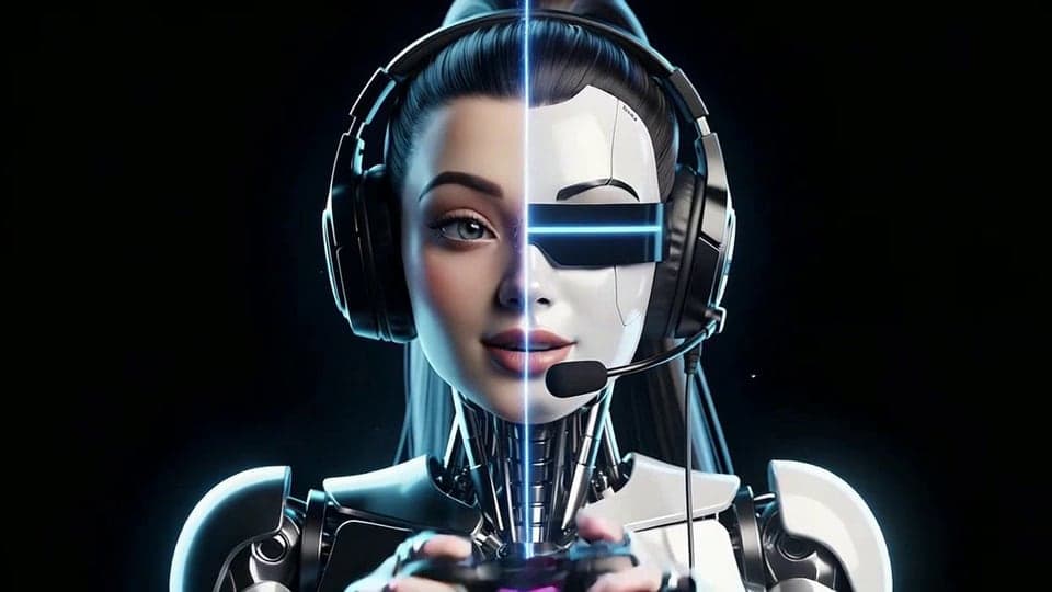 A streamer talking into a headset mic while gaming