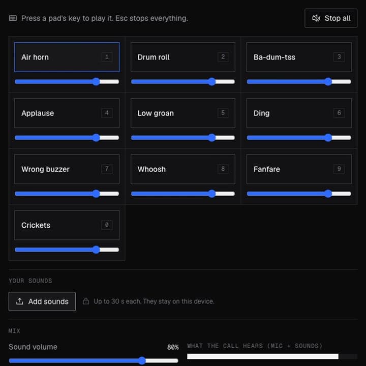 The Soundboard with ten starter sound buttons, each with a number key and a volume slider