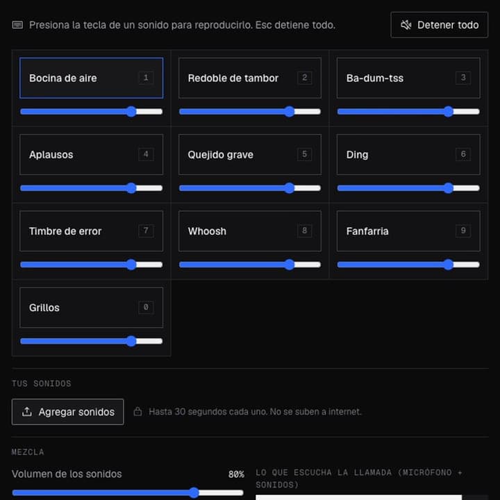 El soundboard con diez botones de sonido iniciales, cada uno con una tecla numérica y un control deslizante de volumen