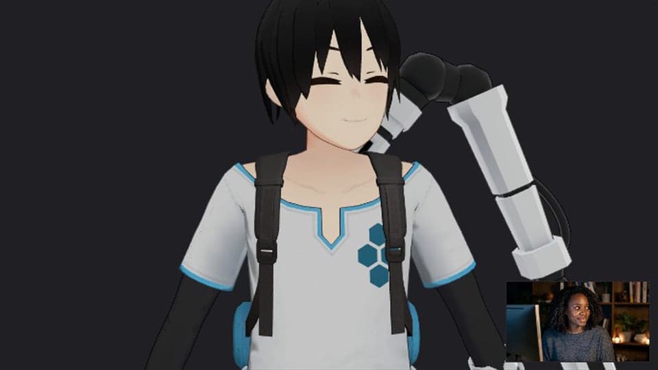 VTuber erstellen: ein 3D-Beispielavatar, der die Person vor der Webcam nachmacht, mit Reglern für Avatar und Szene