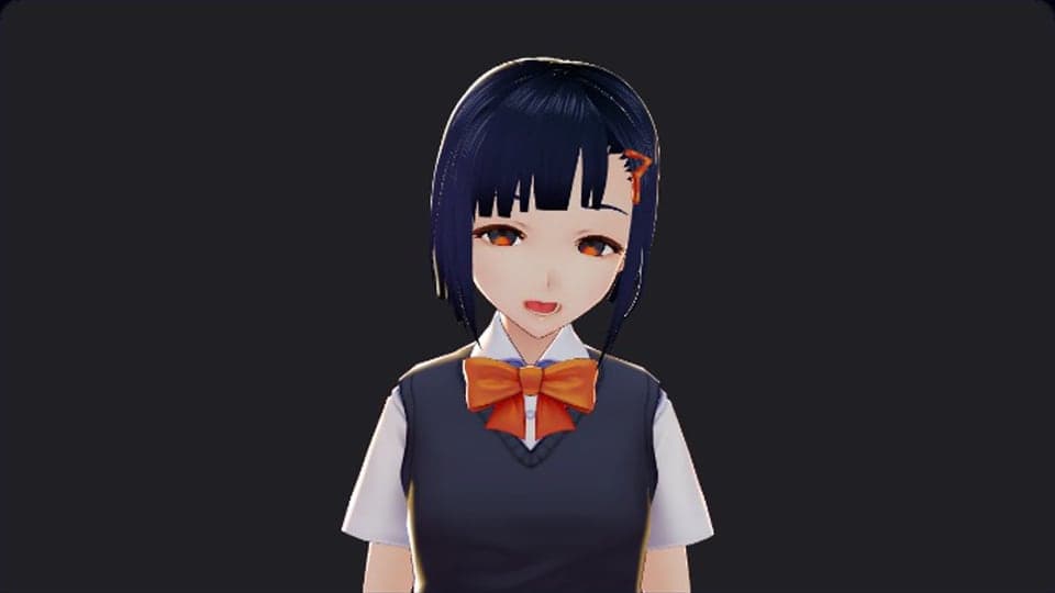 El creador de VTuber: un avatar 3D de anime de muestra copiando a la persona en la cámara web, con los avatares de muestra, las teclas de expresión y los controles de escena abajo