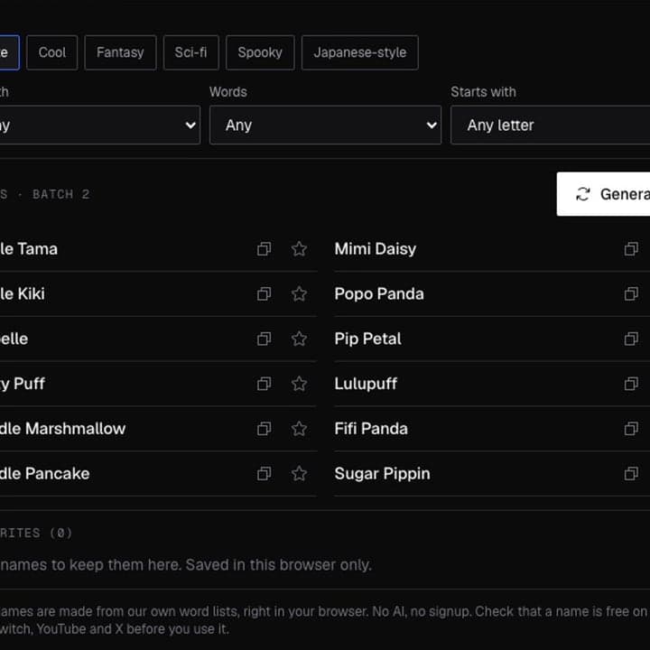 VTuber Name Generator with style and length filters and a list of generated names
