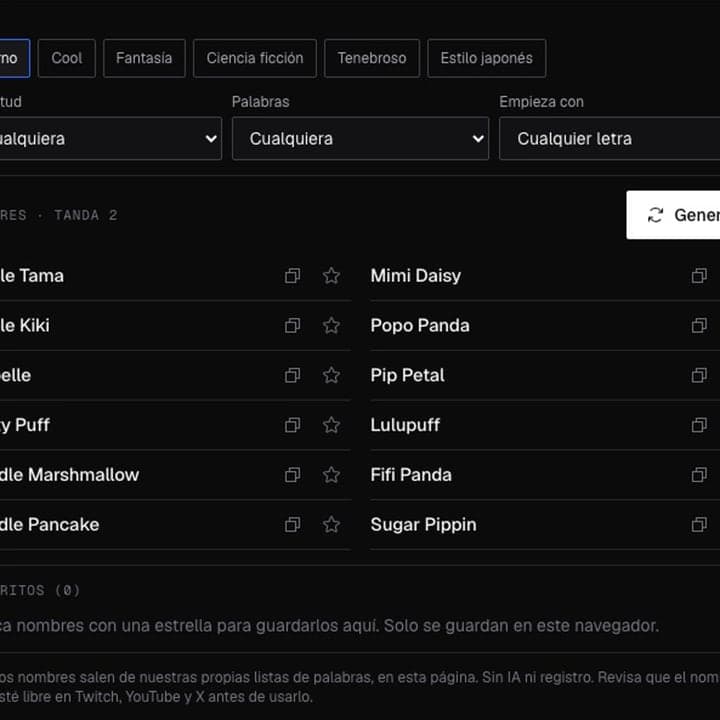 El generador de nombres de VTuber con filtros de estilo y longitud, y una lista de nombres generados