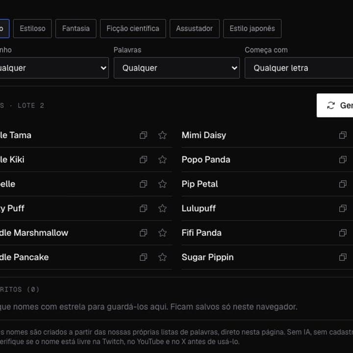 O gerador de nomes de VTuber com filtros de estilo e tamanho e uma lista de nomes gerados