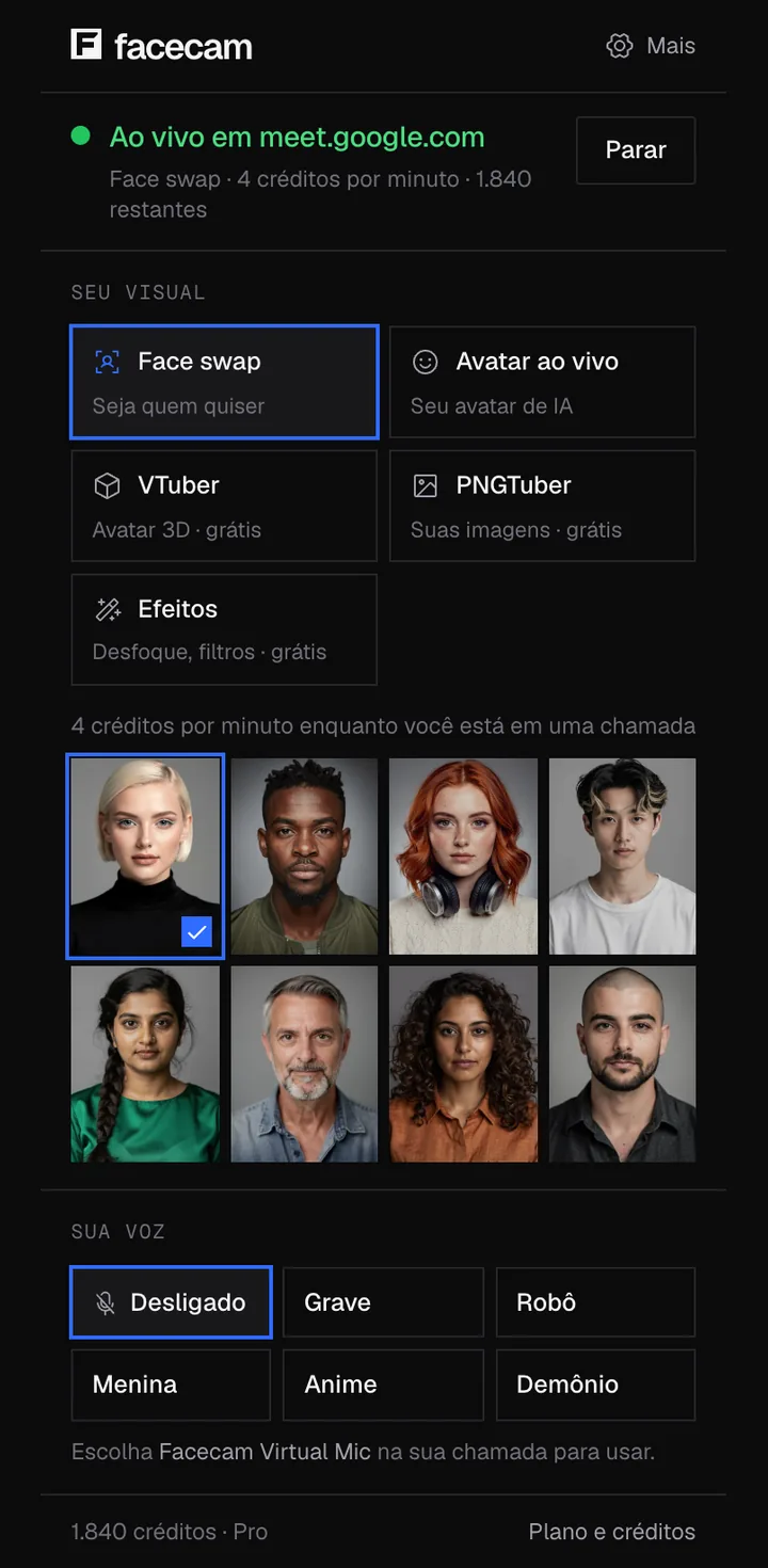A janela da extensão Facecam com Face swap selecionado e uma grade de rostos para escolher