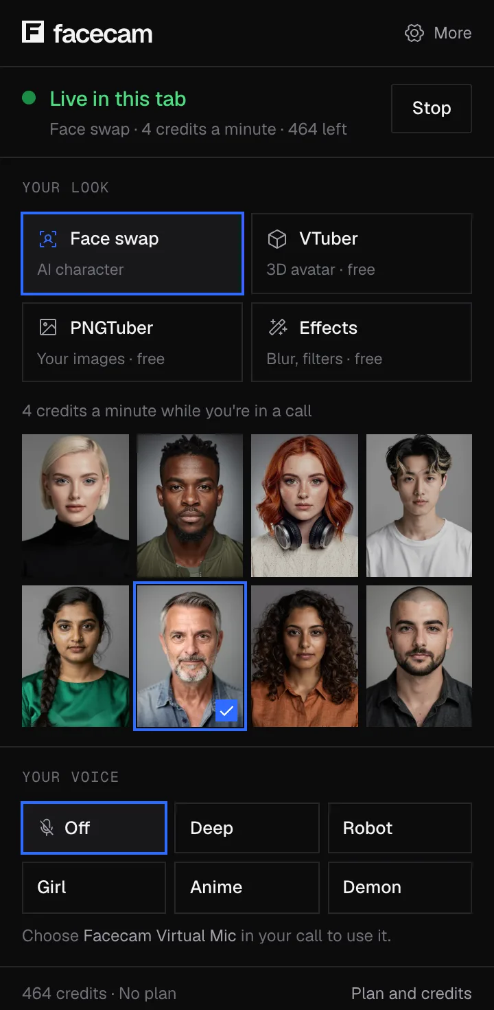 The Facecam extension popup with Face swap selected and a grid of faces to pick from