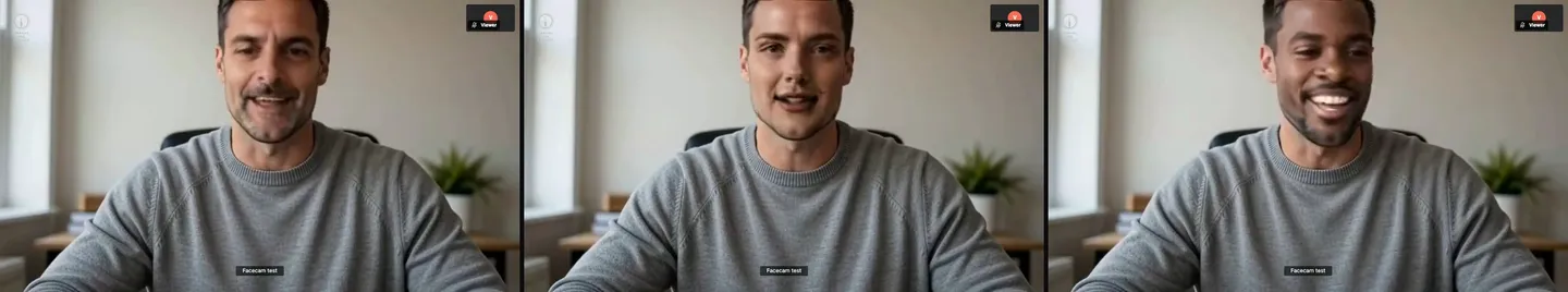 Three frames from one Jitsi Meet call as the other person saw it: the same caller as three different built-in Facecam characters