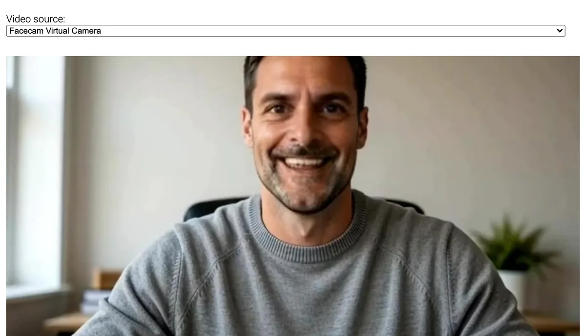 A public WebRTC sample page in Chrome with Facecam Virtual Camera chosen as the video source and the swapped face showing