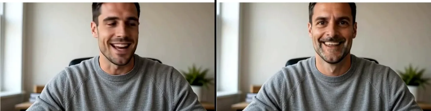 Two frames of the Facecam camera on a test page: on the left the normal webcam 3 seconds after picking it, on the right the swapped face about 30 seconds in