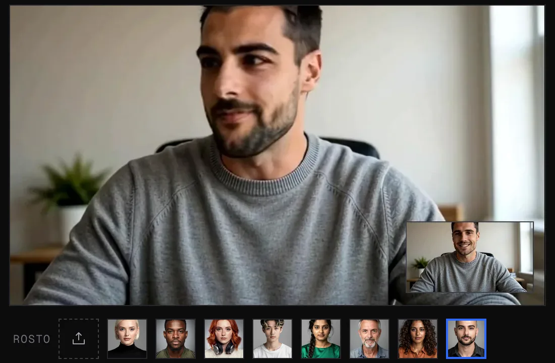 A página do face swap ao vivo durante a troca: o rosto de um personagem com barba na webcam, a câmera real no canto e o seletor de rostos embaixo