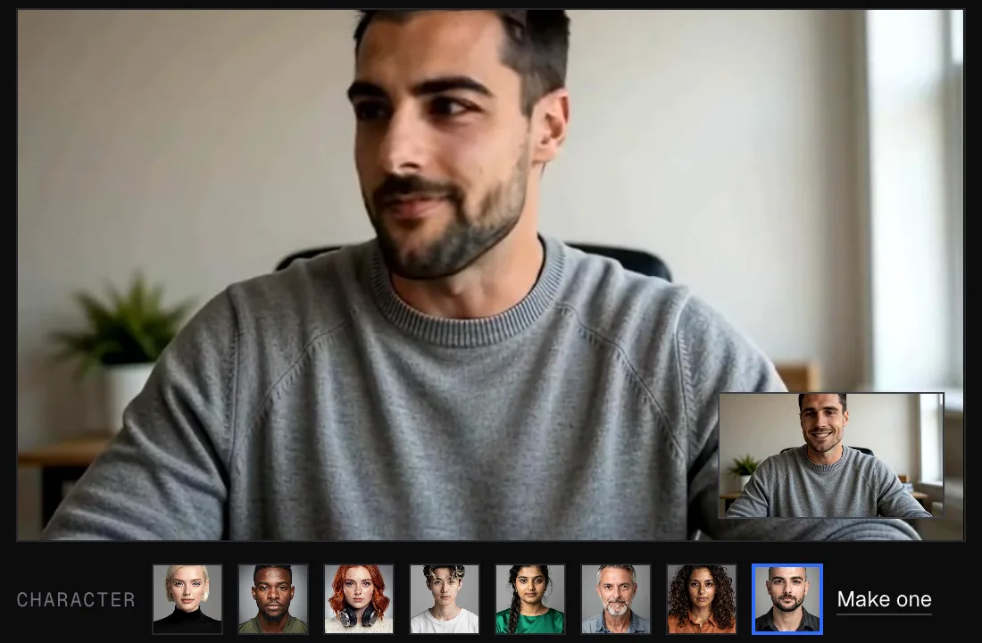 Facecam's Live Face Swap web page mid-swap: the webcam man shown with a bearded character's face, his real camera in the corner, and the character picker below