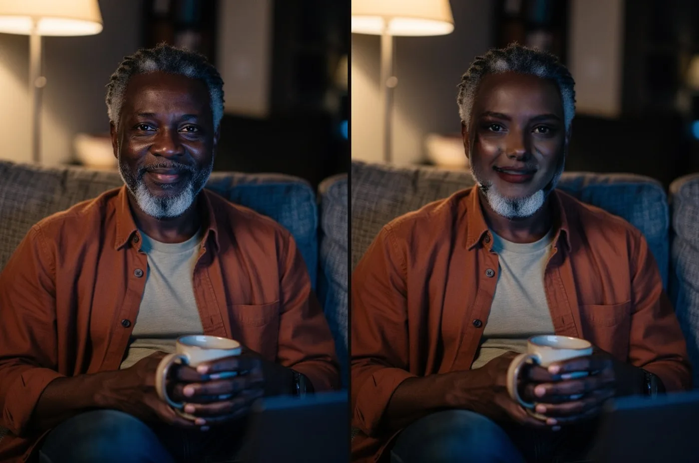 A photo of a grey-haired man on a sofa, and the same photo after Facecam's Photo Face Swap with a woman's face