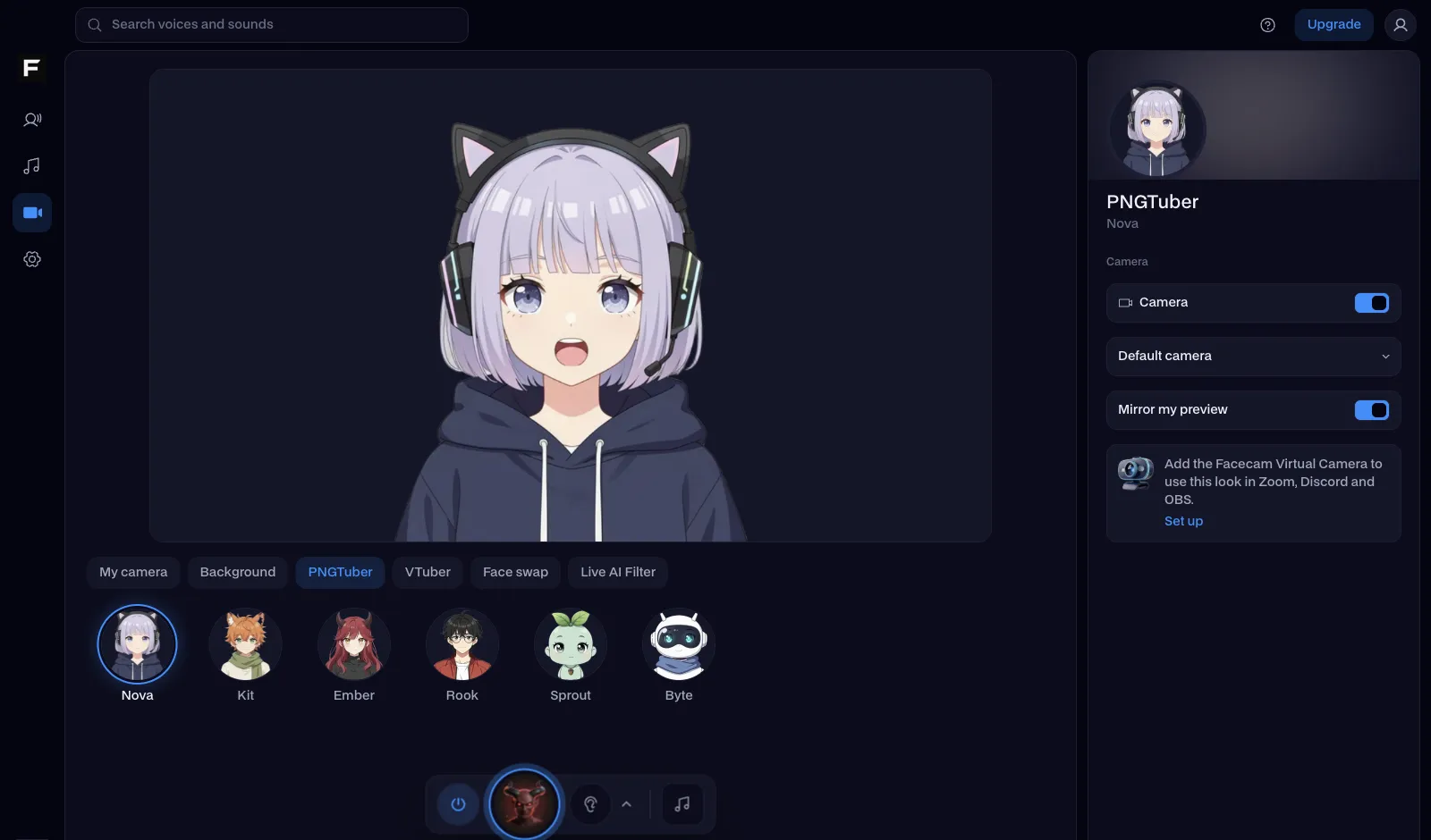 The Facecam desktop app's Camera page with a PNGTuber on screen and tabs for face swap and Live AI Filter