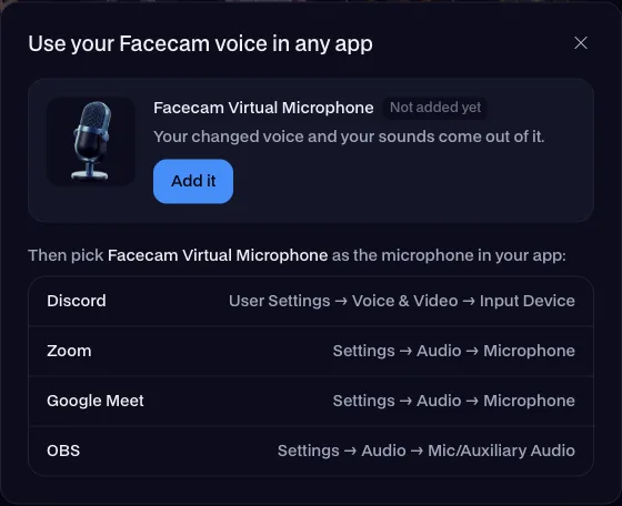 Facecam's setup window: add Facecam Virtual Microphone, then pick it as the microphone in Discord, Zoom, Google Meet or OBS