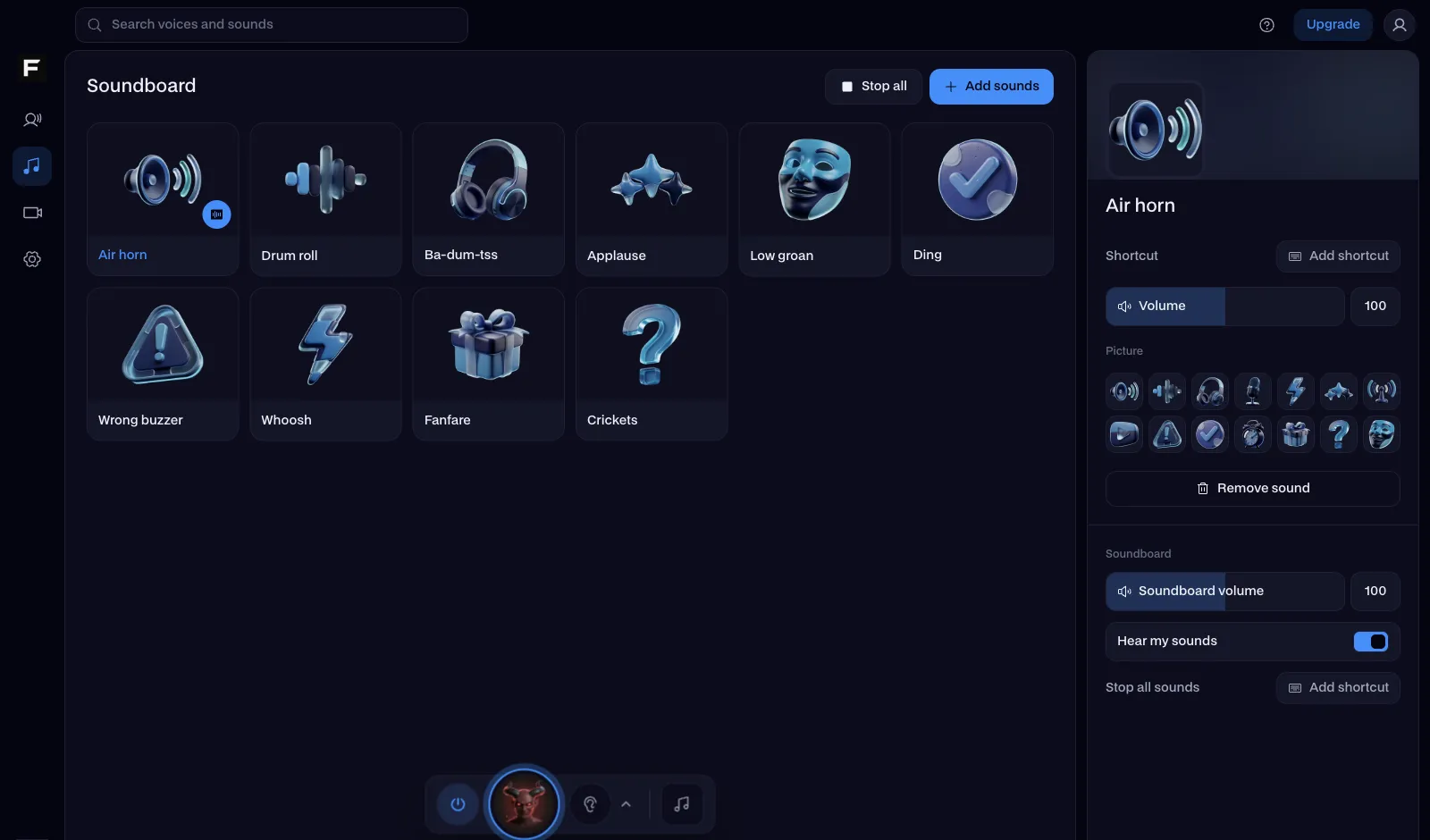 The Facecam desktop app's Soundboard: pads for Air horn, Drum roll, Ba-dum-tss, Applause and more, with Air horn's shortcut, volume and picture on the right