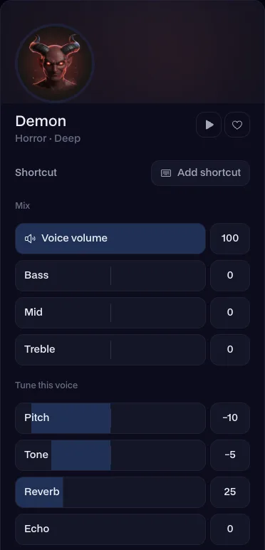 The voice panel in the Facecam desktop app: Demon, with a shortcut button and sliders for voice volume, bass, mid, treble, pitch, tone, reverb and echo