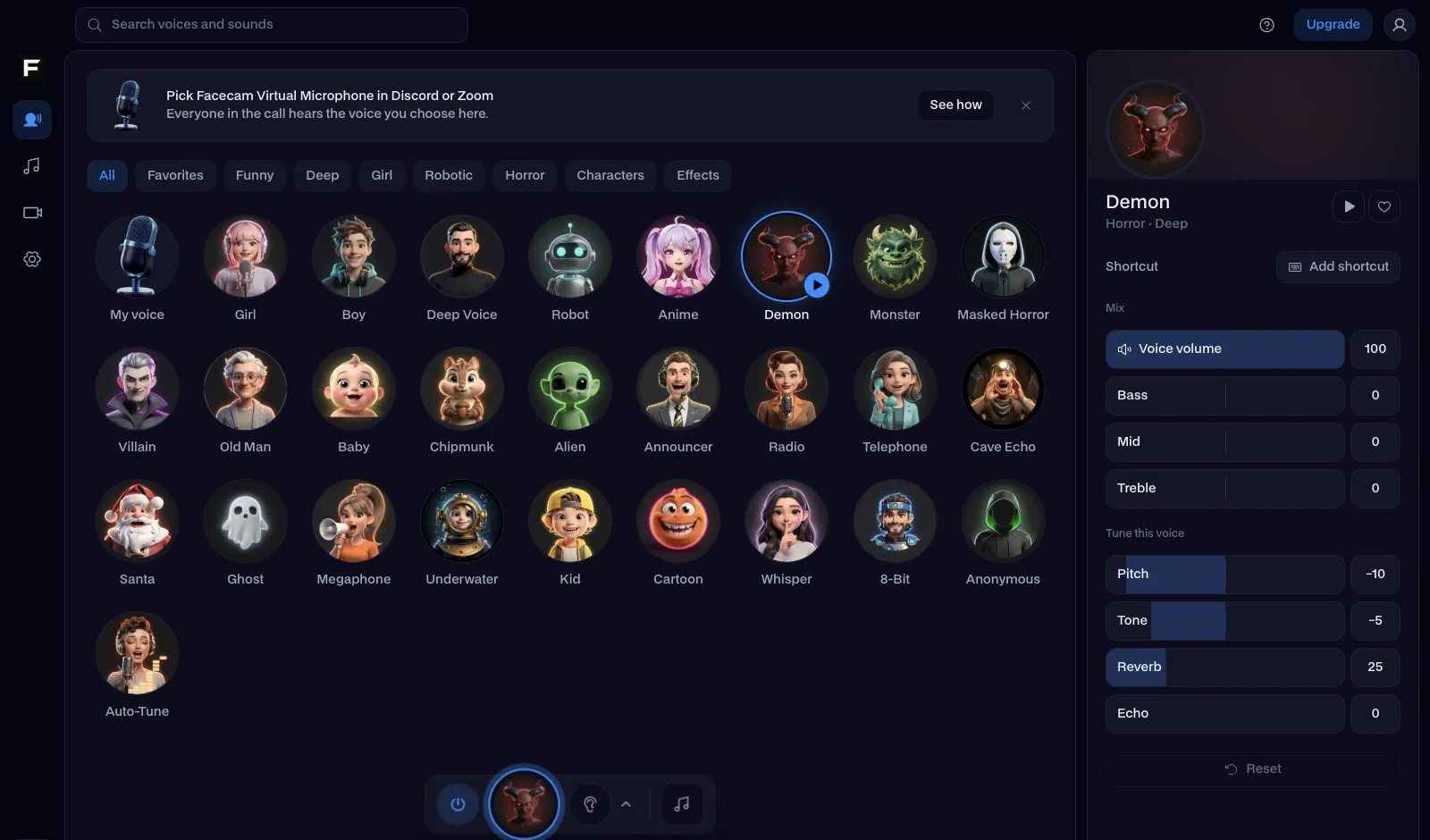 The Facecam desktop app's Voices page, with a grid of voice portraits and the selected voice's sliders