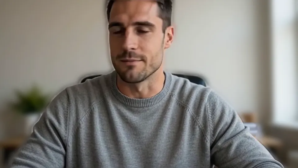 Our second test clip with no effect: a man at a home office desk, a window and plant behind him