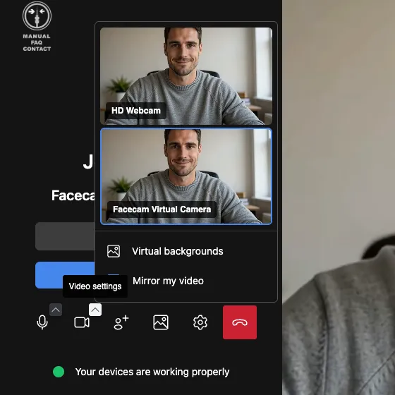Jitsi Meet's join screen with the camera menu open, listing HD Webcam and Facecam Virtual Camera