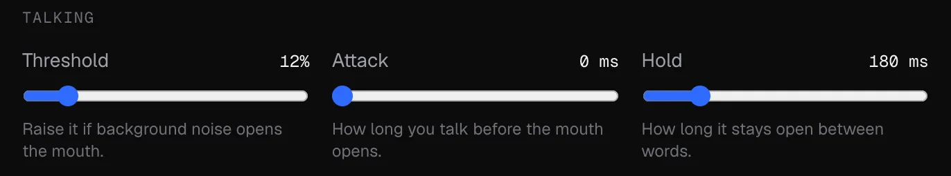 The PNGTuber Maker's Talking settings at their defaults: threshold 12%, attack 0 ms, hold 180 ms