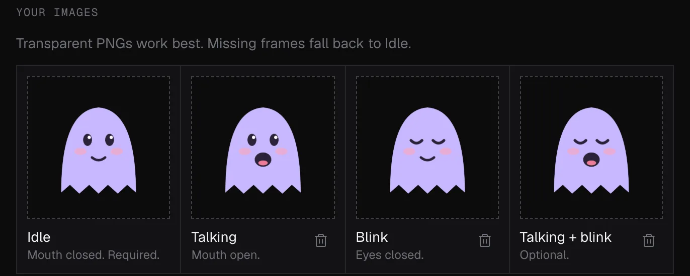 The PNGTuber Maker's Your images section with our four test frames loaded: Idle, Talking, Blink and Talking + blink