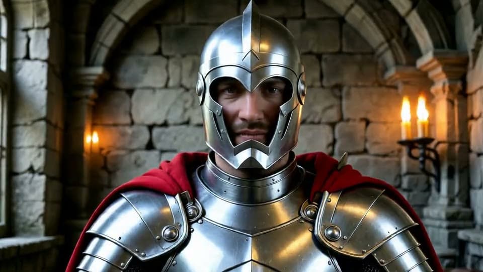 A man on his webcam turned into a knight in armor in a castle hall, live