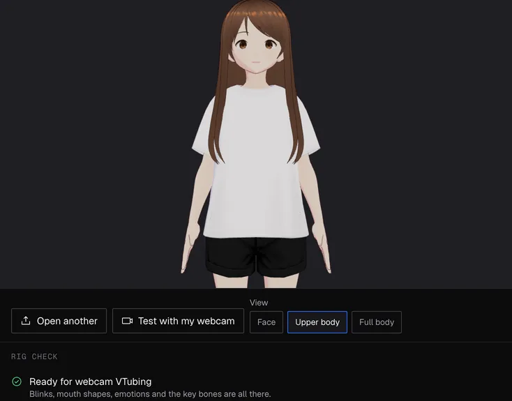 VTuber Model Viewer with the free VRM1_Constraint_Twist_Sample model by pixiv Inc. loaded, and its rig check saying Ready for webcam VTubing