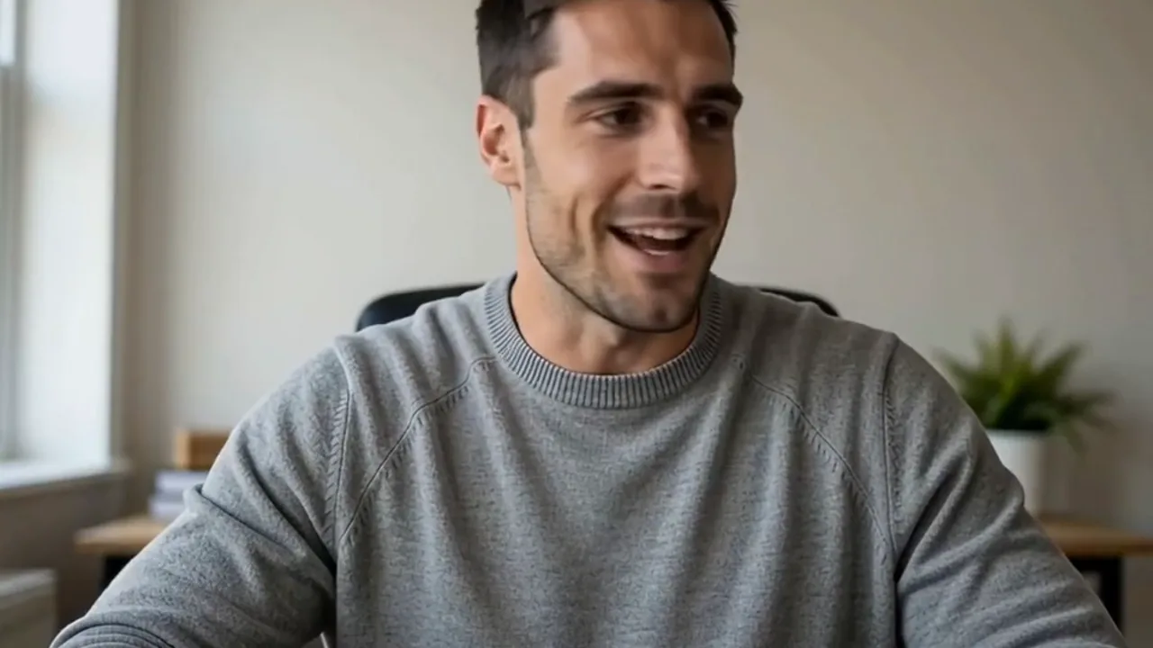A test call showing the plain webcam picture of a fictional man at a desk