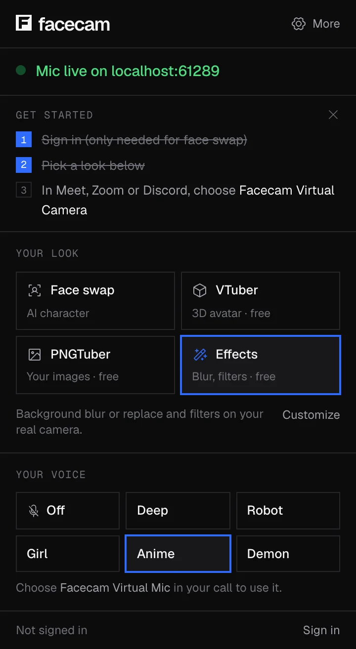 The Facecam extension popup during the test: mic live on the test page, Anime picked under Your voice