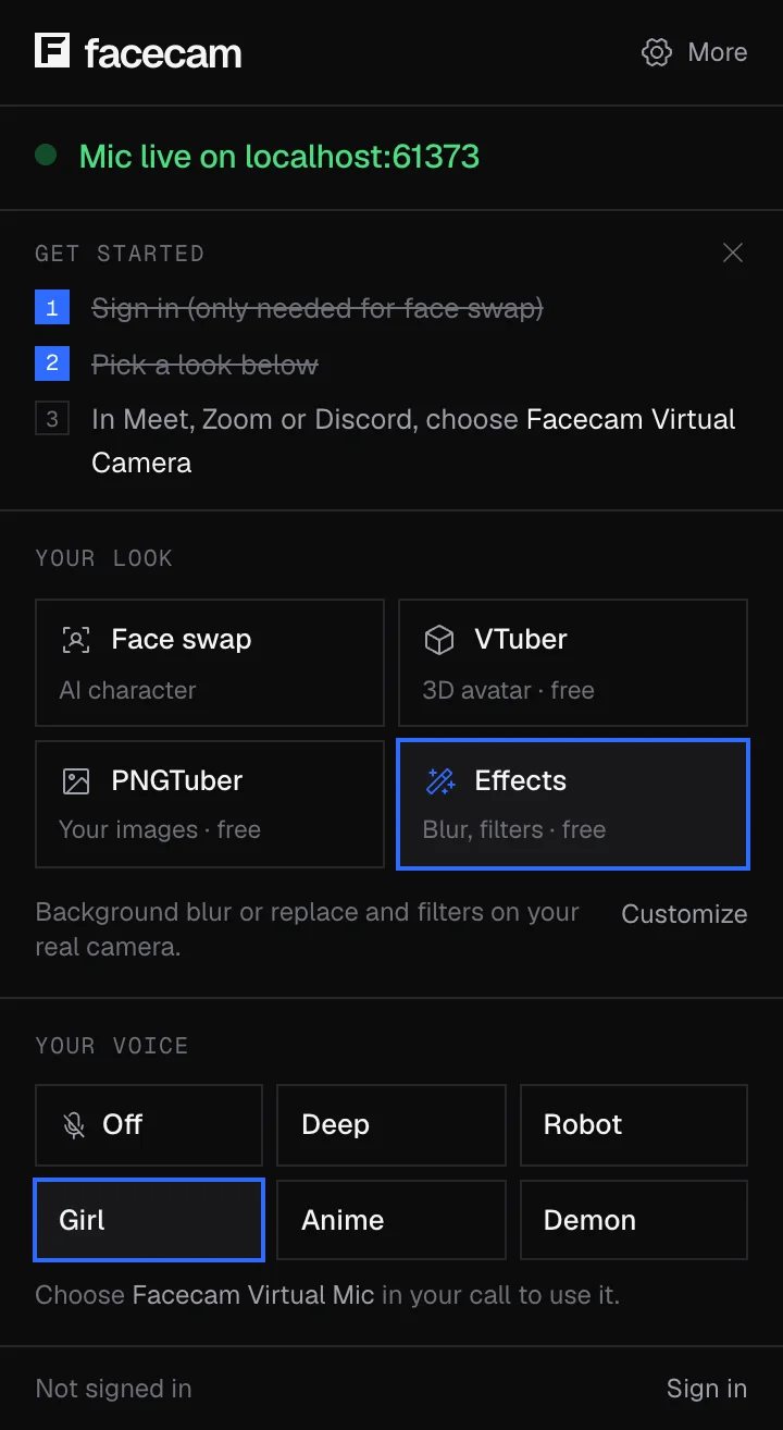 The Facecam extension popup on the Mac during the test: mic live on the test page, Girl picked under Your voice