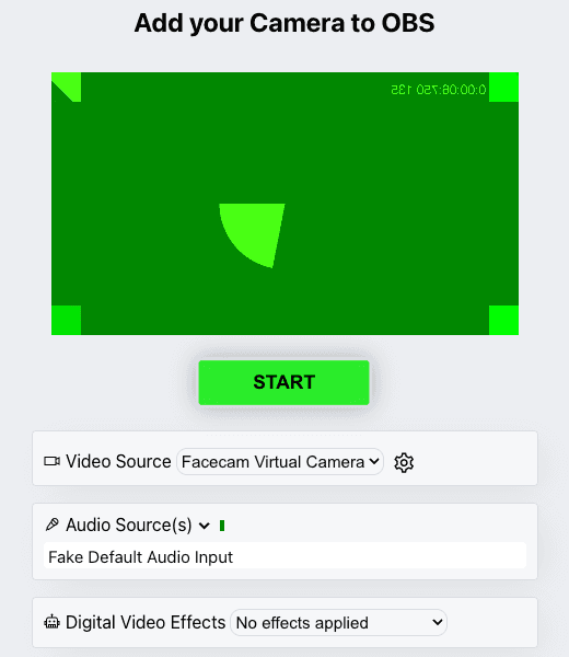 VDO.Ninja's Add your Camera to OBS page in Chrome with Facecam Virtual Camera selected as the Video Source and Digital Video Effects set to No effects applied