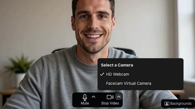 Zoom's camera menu in Chrome listing HD Webcam and Facecam Virtual Camera