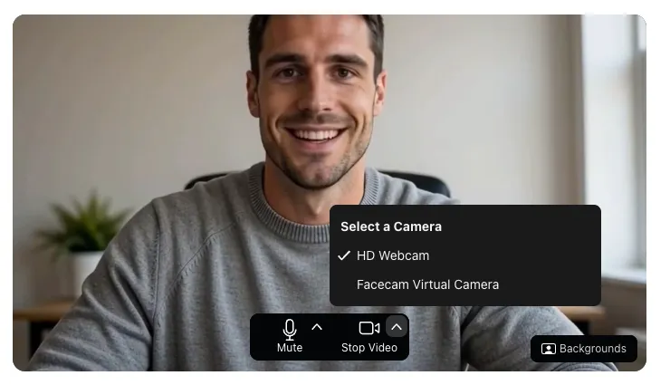 Zoom's camera menu in Chrome listing HD Webcam and Facecam Virtual Camera
