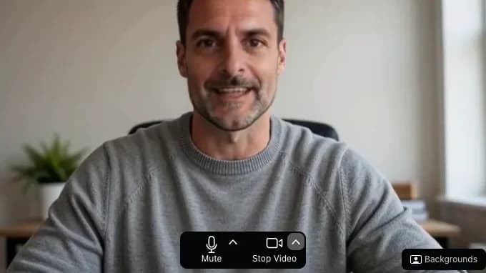 Zoom's join-screen preview in Chrome showing the face swapped to Rook, an older grey-haired character