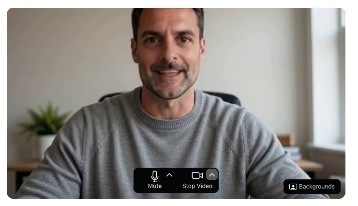 Zoom's join-screen preview in Chrome showing the face swapped to Rook, an older grey-haired character
