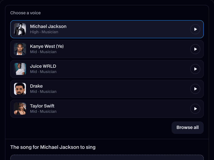 The AI Cover Generator's voice list with Michael Jackson picked, above the song upload