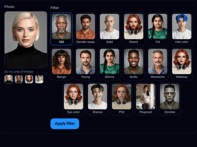 AI Face Filters with a portrait picked, the 17 filters from Old and Gender swap to Braces, PS2, Pregnant and Zombie, and the Apply filter button