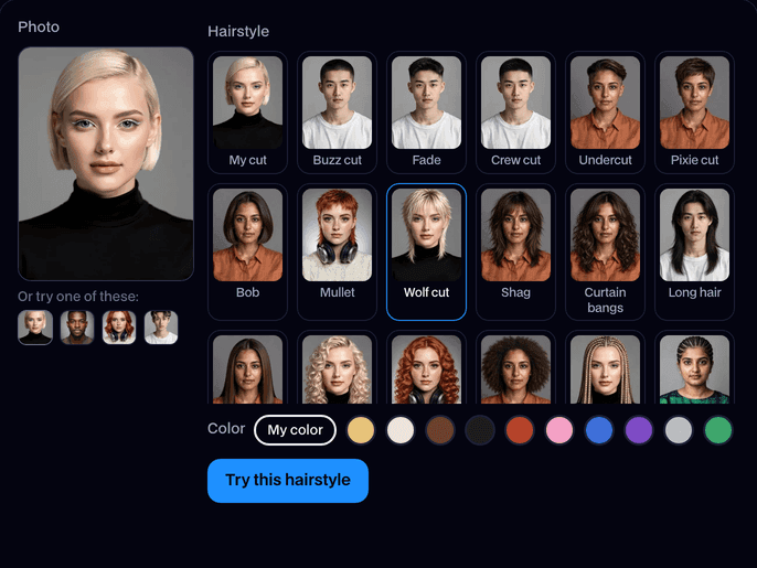 AI Hairstyle Changer with a portrait picked, a grid of haircuts from Buzz cut to Pompadour, the hair color swatches and the Try this hairstyle button