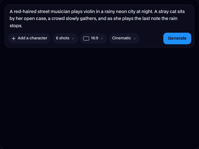 AI Storyboard Generator with a story typed in, chips for 6 shots, 16:9 and Cinematic, and a Generate button