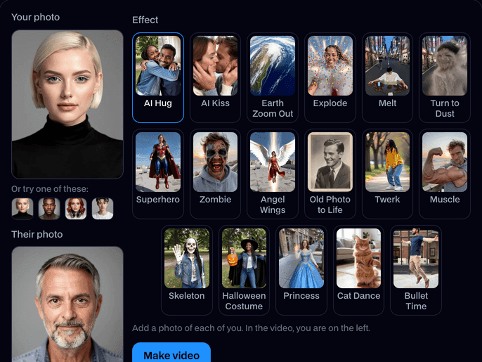 AI Video Effects with a built-in face in each photo, the seventeen effects (AI Hug, AI Kiss, Earth Zoom Out, Explode, Melt, Turn to Dust, Superhero, Zombie, Angel Wings, Old Photo to Life, Twerk, Muscle, Skeleton, Halloween Costume, Princess, Cat Dance, Bullet Time) and the Make video button