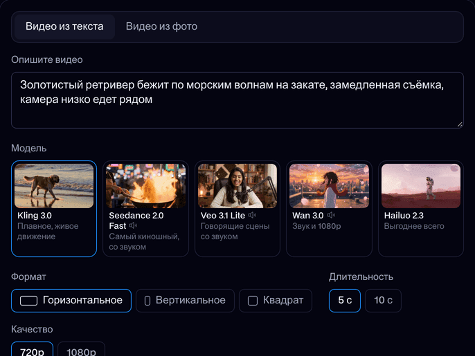 ИИ-генератор видео: введён запрос, выбран режим «Видео из текста», пять моделей (Kling 3.0, Seedance 2.0 Fast, Veo 3.1 Lite, Wan 3.0, Hailuo 2.3), формат, длительность и качество и кнопка «Создать видео»