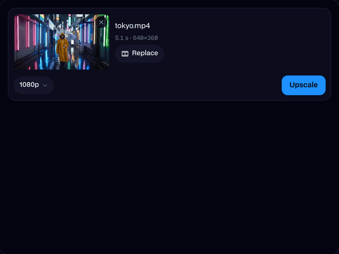 AI Video Upscaler with a 360p street clip picked, the 1080p size choice and the Upscale button