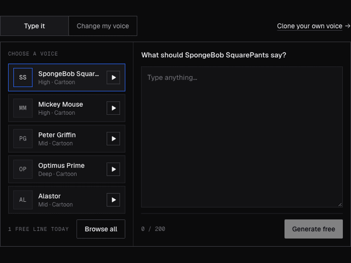 The AI Voice Generator with a voice picked, a text box and a Generate button