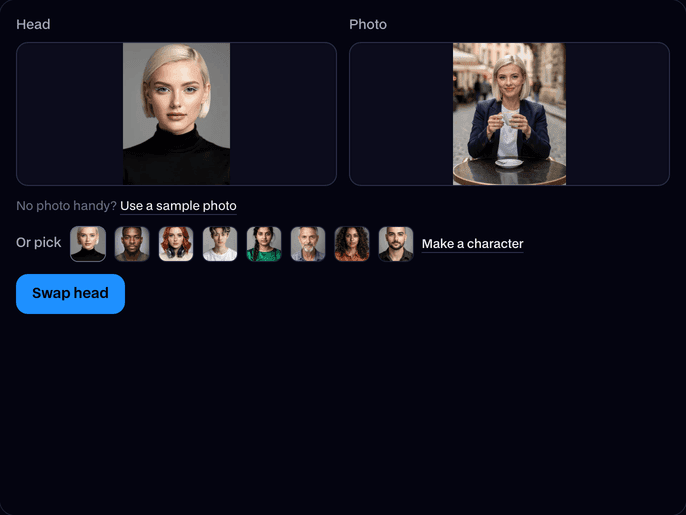 Head Swap with a Head slot, a Photo slot, built-in faces to pick and a Swap head button
